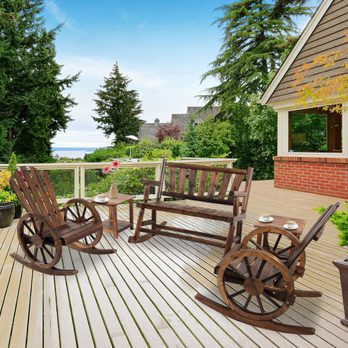 TTGIEET Set of 2 Wooden Wagon Wheel Rocking Chair, 2 PCS Outdoor Rocking Chair with Slatted Back and Wheel Armrests for Porch,Garden Lawn, Rustic Brown