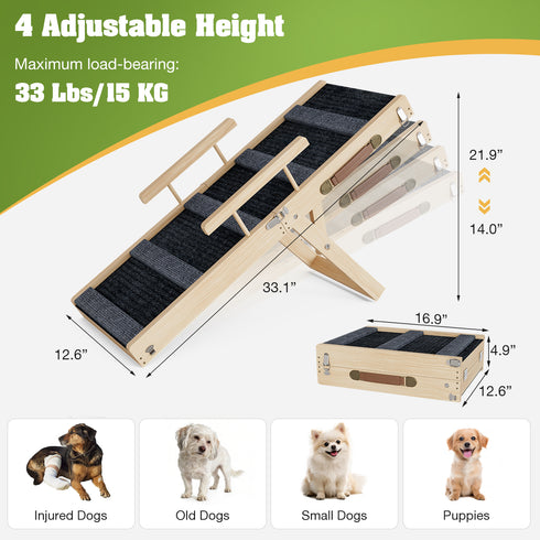 TTGIEET Upgraded Dog Ramp for Couch, Foldable Wooden Pet Ramp with 4 Adjustable Heights from 14'' to 22", Portable Pet Steps with Detachable Guardrails for Small Dogs, Puppies, Injured and Old Dogs