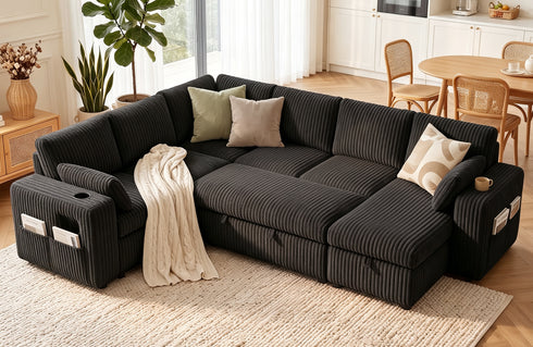TTGIEET 7-Seater U-Shaped Sectional Sleeper Sofa, Reversible Pull-Out Sofa Bed with Storage & Cup Holders, Corduroy Couch for Living Room