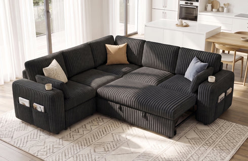 TTGIEET 5-Seater L-Shaped Reversible Sectional Sleeper Sofa, Pull-Out Sofa Bed with Storage & Cup Holders & Adjustable Backrest, Corduroy Couch for Living Room