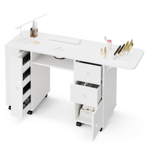 TTGIEET Manicure Station with Storage Drawers and Cabinet, Nail Tech Table with Foldable Tabletop, Nail Station with Lockable Wheels, Wrist Cushion, Nail Organizer & Foldable Trash Rack
