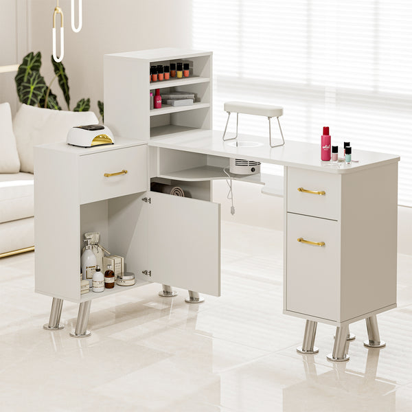 TTGIEET L-Shaped Manicure Table Nail Station with Shelves, Nail Tech Table Nail Table Station w/Dust Collector, Storage Cabinets, Drawers, Metal Handles & Legs