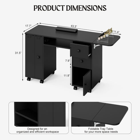 TTGIEET Manicure Station with Storage Drawers and Cabinet, Nail Tech Table with Foldable Tabletop, Nail Station with Lockable Wheels, Wrist Cushion, Nail Organizer & Foldable Trash Rack