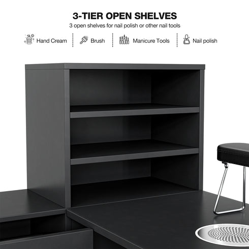 TTGIEET L-Shaped Manicure Table Nail Station with Shelves, Nail Tech Table Nail Table Station w/Dust Collector, Storage Cabinets, Drawers, Metal Handles & Legs