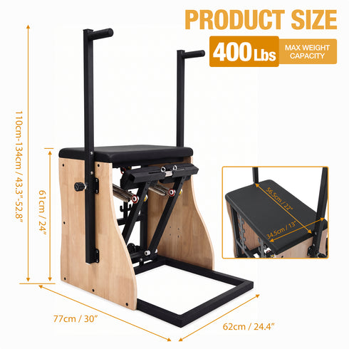 TTGIEET Wood Pilates Reformer Chair with Adjustable Resistance Springs, Split Pedals & Handles, Home Gym Core Trainer for Rehab