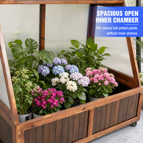 TTGIEET Wooden Cold Frame Greenhouse with Wheel, Chamber Fir Plant Cold Frame with Dual Independently Openable Flip‑Top Lids, Polycarbonate Panels Portable Plant Shelter for Balcony Patio Yard Indoor Outdoor