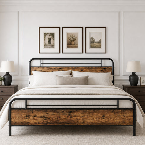 TTGIEET California King Metal Bed Frame w/Wooden Headboard, Footboard, Heavy Duty Steel Slats, Farmhouse Platform Bed Frame w/12" Under Bed Storage, No Box Spring Needed(Rustic Brown)