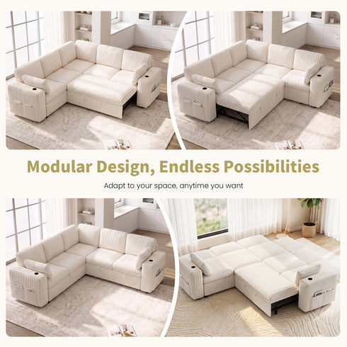 TTGIEET 5-Seater L-Shaped Reversible Sectional Sleeper Sofa, Pull-Out Sofa Bed with Storage & Cup Holders & Adjustable Backrest, Corduroy Couch for Living Room