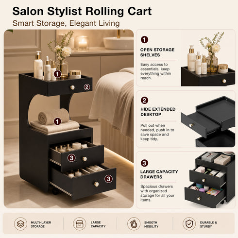 TTGIEET Salon Stylist Rolling Cart with 3 Drawers and Pull-Out Desktop, Makeup Tool Organizer for Beauty Spa Barbershop