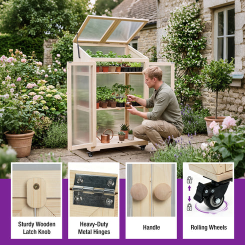 TTGIEET TTGIEET Wooden Cold Frame Greenhouse with Wheels 3‑Tier Flower Planter Shelf, Dual Independently Openable Flip‑Top Lid for Balcony Patio Indoor Outdoor