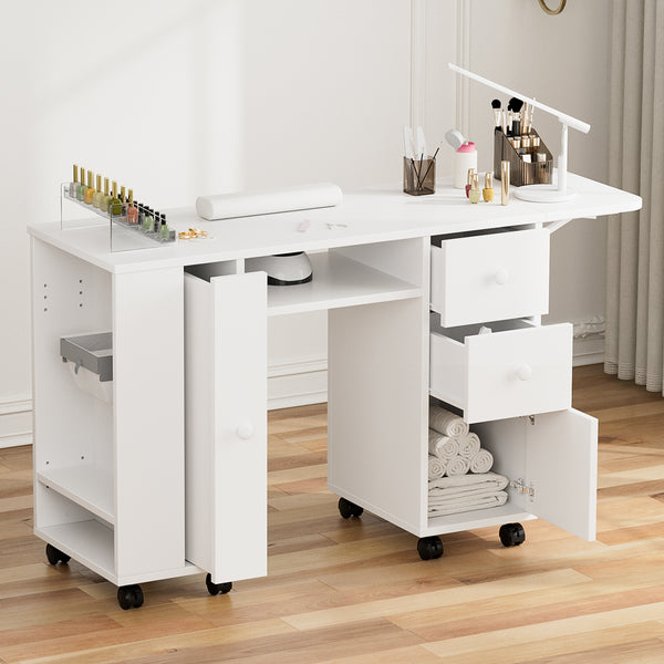TTGIEET Manicure Station with Storage Drawers and Cabinet, Nail Tech Table with Foldable Tabletop, Nail Station with Lockable Wheels, Wrist Cushion, Nail Organizer & Foldable Trash Rack