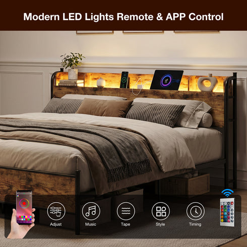 TTGIEET King Size Bed Frame with Storage Headboard, Charging Station & LED Lights – Sturdy Metal Platform, No Box Spring Needed, Easy Assembly, Rustic Brown