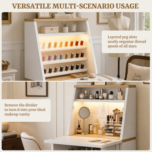 TTGIEET TTGIEET Folding Sewing Cabinet with Built-in Power Outlet, LED Light, Storage Shelves & Thread Organizer, Barn Door Style
