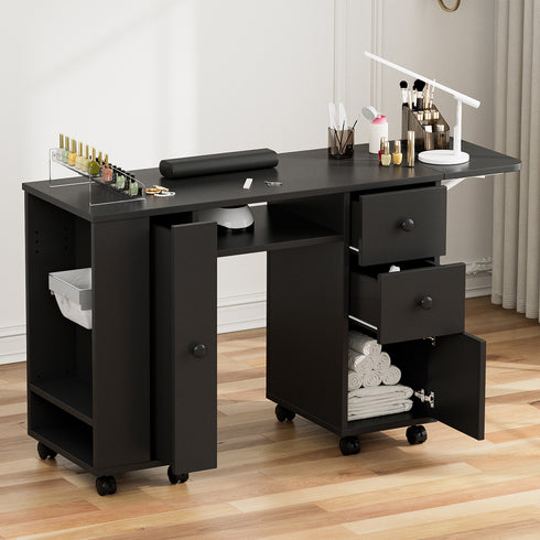 TTGIEET Manicure Station with Storage Drawers and Cabinet, Nail Tech Table with Foldable Tabletop, Nail Station with Lockable Wheels, Wrist Cushion, Nail Organizer & Foldable Trash Rack