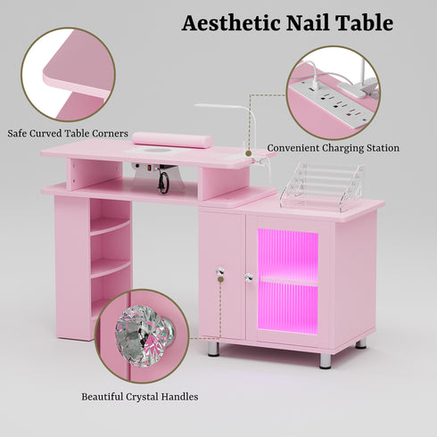 TTGIEET Manicure Table w/LED Light & Lamp, Nail Desk Nail Tech Table w/Dust Collector & Charging Station, Nail Station w/Acrylic Display Rack, Drawers & Glass Door Cabinet