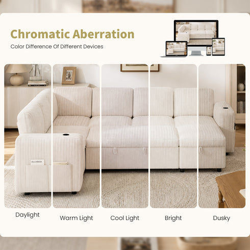 TTGIEET 7-Seater U-Shaped Sectional Sleeper Sofa, Reversible Pull-Out Sofa Bed with Storage & Cup Holders, Corduroy Couch for Living Room