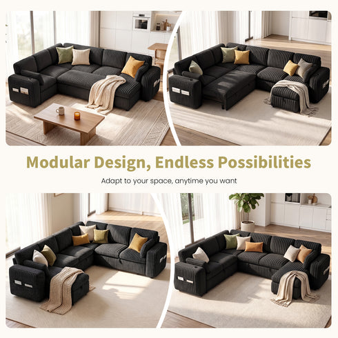 TTGIEET 7-Seater U-Shaped Sectional Sleeper Sofa, Reversible Pull-Out Sofa Bed with Storage & Cup Holders, Corduroy Couch for Living Room