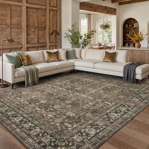 TTGIEET Persian Vintage 8x10 Floral Area Rug, Scalloped Washable Non Slip Stain Resistant Large Carpet for Standard Living King Bedroom Dining Office