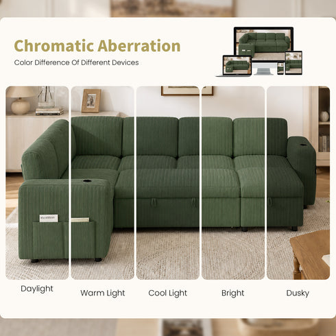 TTGIEET 7-Seater U-Shaped Sectional Sleeper Sofa, Reversible Pull-Out Sofa Bed with Storage & Cup Holders, Corduroy Couch for Living Room