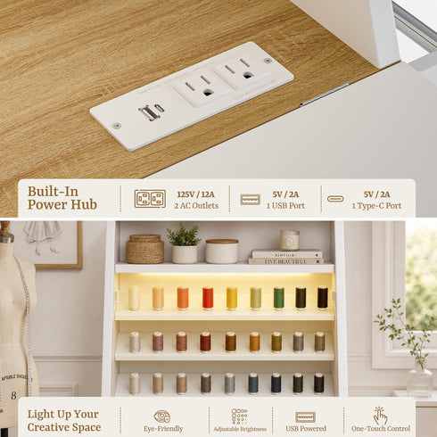 TTGIEET TTGIEET Folding Sewing Cabinet with Built-in Power Outlet, LED Light, Storage Shelves & Thread Organizer, Barn Door Style