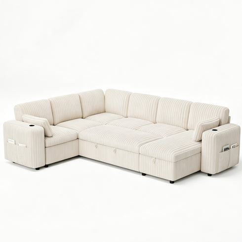 TTGIEET 7-Seater U-Shaped Sectional Sleeper Sofa, Reversible Pull-Out Sofa Bed with Storage & Cup Holders, Corduroy Couch for Living Room