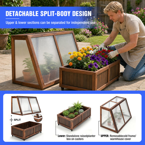 TTGIEET Wooden Cold Frame Greenhouse with Wheel, Chamber Fir Plant Cold Frame with Dual Independently Openable Flip‑Top Lids, Polycarbonate Panels Portable Plant Shelter for Balcony Patio Yard Indoor Outdoor