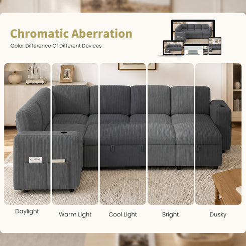 TTGIEET 7-Seater U-Shaped Sectional Sleeper Sofa, Reversible Pull-Out Sofa Bed with Storage & Cup Holders, Corduroy Couch for Living Room