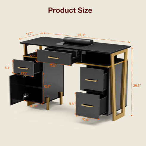 TTGIEET Manicure Table for Nail Tech, Modern High Glossy Nail Desk w/Metal Frame, Nail Station w/4Drawers & 2 Cabinets, Acetone-Resistant Salon Beauty Workstation