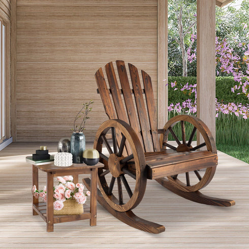 TTGIEET Patio Wood Rocking Chair with Side Table, Outdoor Rocker Bistro Set with Slatted Back and Wheel Armrests for Porch,Garden, Rustic Brown