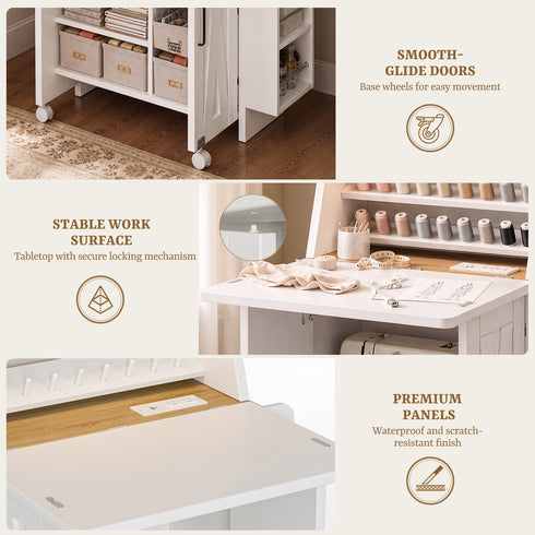 TTGIEET TTGIEET Folding Sewing Cabinet with Built-in Power Outlet, LED Light, Storage Shelves & Thread Organizer, Barn Door Style