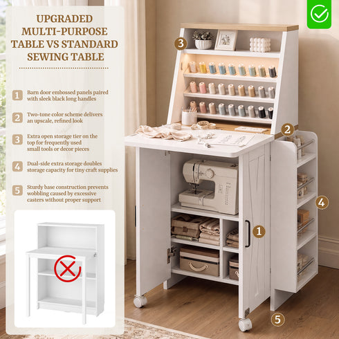 TTGIEET TTGIEET Folding Sewing Cabinet with Built-in Power Outlet, LED Light, Storage Shelves & Thread Organizer, Barn Door Style
