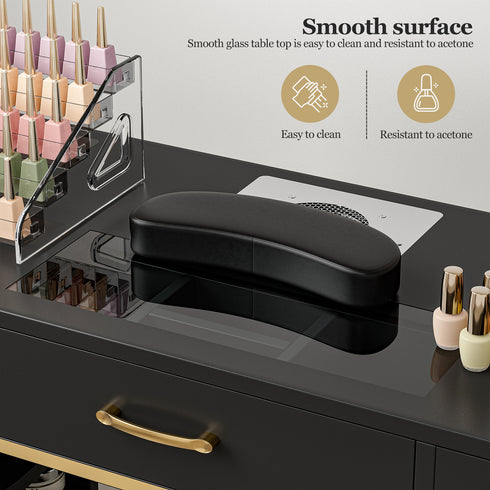 TTGIEET Nail Tech Table with Dust Collector, Glass Top Manicure Table Nail Desk Station w/7 Drawers & 3-Tiers Open Shelves, Nail Beauty Workstation w/Wrist Cushion & Golden Handles