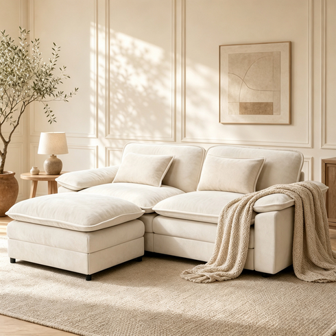 TTGIEET Loveseat with Chaise Ottoman, L-Shaped Chenille Cloud Couch for Living Room
