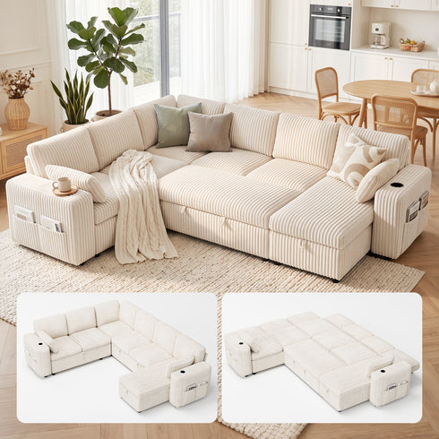TTGIEET 7-Seater U-Shaped Sectional Sleeper Sofa, Reversible Pull-Out Sofa Bed with Storage & Cup Holders, Corduroy Couch for Living Room