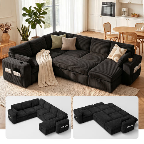 TTGIEET 7-Seater U-Shaped Sectional Sleeper Sofa, Reversible Pull-Out Sofa Bed with Storage & Cup Holders, Corduroy Couch for Living Room
