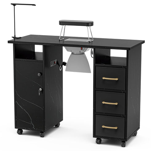 TTGIEET Manicure Table Nail Station with Power Outlets, Marble Grained Nail Tech Table Nail Table Station w/Dust Collector, Non-Woven Drawers, Desk Lamp & Wrist Cushion
