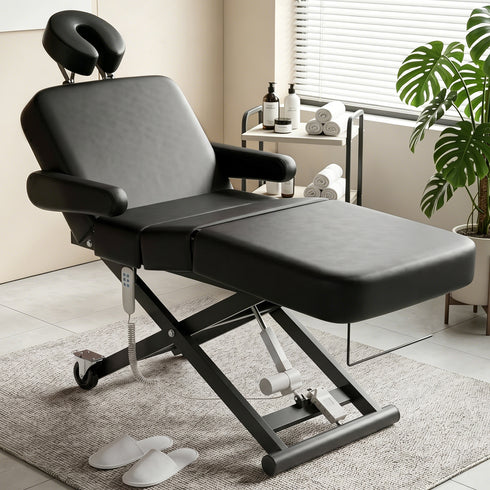 TTGIEET 3-Motor Fully Electric Massage Table, Professional Esthetician Bed with Foot Pedal & Remote Control, Height Adjustable Facial Bed with Face Cradle, Rolling Wheels, 550 lbs Capacity, Black
