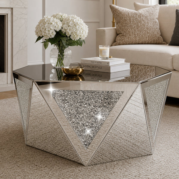 TTGIEET Hexagon Diamond Mirror Coffee Table, Crushed Diamond Finish Art Deco Luxury Centerpiece for Living Room
