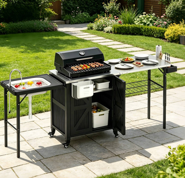 TTGIEET Outdoor Grill Cart with Storage Cabinet, Portable BBQ Prep Station Table with Foldable Sink, Stainless Steel Top, Black, Includes Waterproof Cover & Wheels
