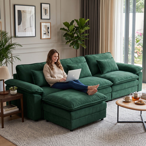 TTGIEET Chenille Cloud Couch L-Shaped, 3-Seat Sofa with Movable Ottoman, Oversized Sectional Couch for Living Room