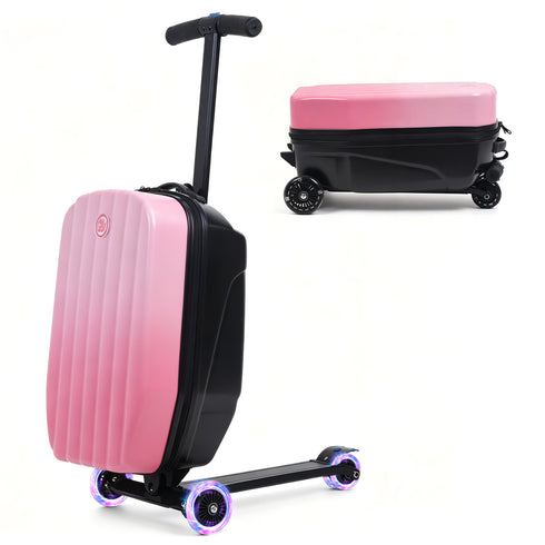 TTGIEET Kids Scooter Luggage, 20 Inch Foldable Ride-On Suitcase with LED Wheels, 40L Capacity, Adjustable Handlebar