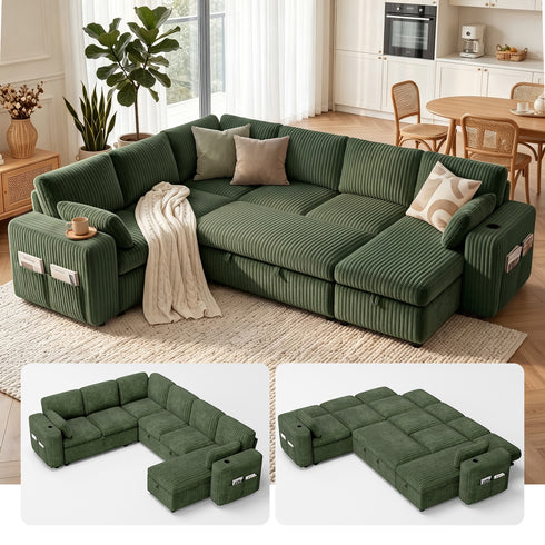 TTGIEET 7-Seater U-Shaped Sectional Sleeper Sofa, Reversible Pull-Out Sofa Bed with Storage & Cup Holders, Corduroy Couch for Living Room