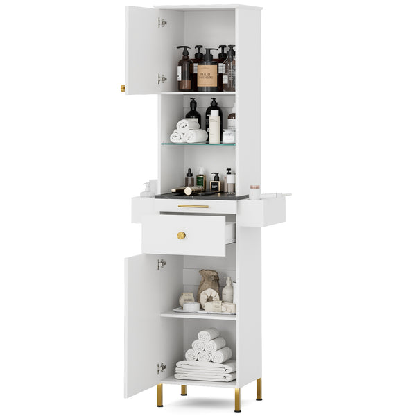 TTGIEET Salon Stations for Hair Stylist, Barber Station w/Glass Shelf & Golden Handles, Hair Salon Station Beauty Salon Spa Equipment w/6 Hair Dryer Holders, 2 Storage Cabinet & Drawers