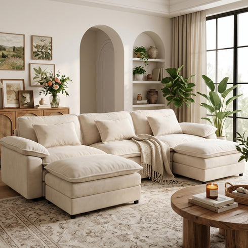 TTGIEET Chenille Cloud Couch U-Shaped, 3-Seat Sofa with Two Movable Ottomans, Oversized Sectional Couch for Living Room