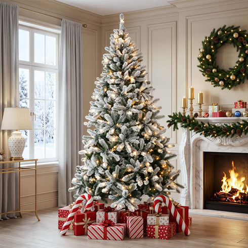 TTGIEET 7.5FT Pre-Lit Flocked Hinged Christmas Tree with 350 Warm Lights