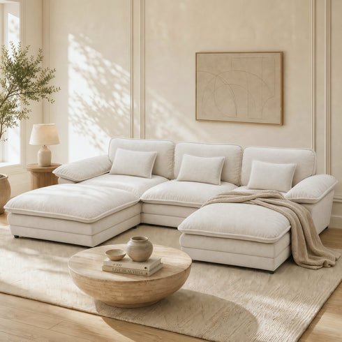 TTGIEET U-Shaped Sectional Sofa, 3-Seat Cloud Couch with 2 Reversible Ottomans, Oversized Chenille Sofa for Living Room