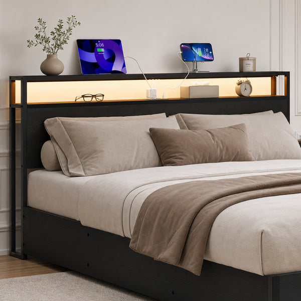 TTGIEET King Size Storage Headboard with LED Lights & Charging Station - Industrial Metal and Wood King Headboard Only for Bedroom, Attach Frame, Easy Assembly - Black
