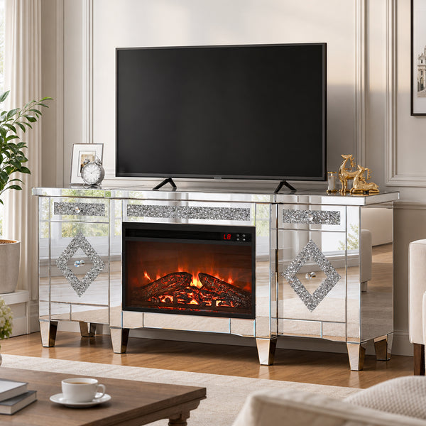 TTGIEET Mirrored TV Stand with Electric Fireplace for 65+ Inch TV, Silver Entertainment Center with Crushed Diamond Finish, Remote Control Storage Drawers for Living Room