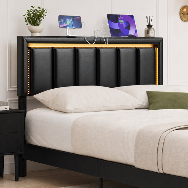 TTGIEET Full Size Upholstered Headboard with LED Lights – Faux Leather, USB & Type-C Ports, Adjustable Height 39.4"-43.3", Easy Assembly, Black