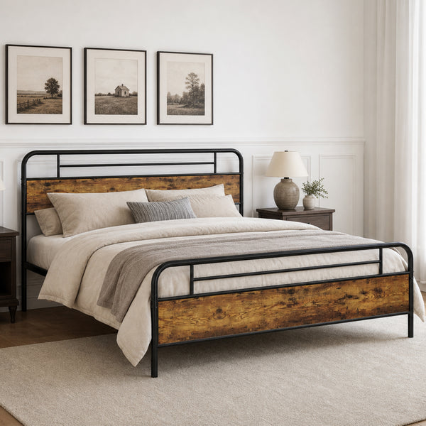 TTGIEET California King Metal Bed Frame w/Wooden Headboard, Footboard, Heavy Duty Steel Slats, Farmhouse Platform Bed Frame w/12" Under Bed Storage, No Box Spring Needed(Rustic Brown)